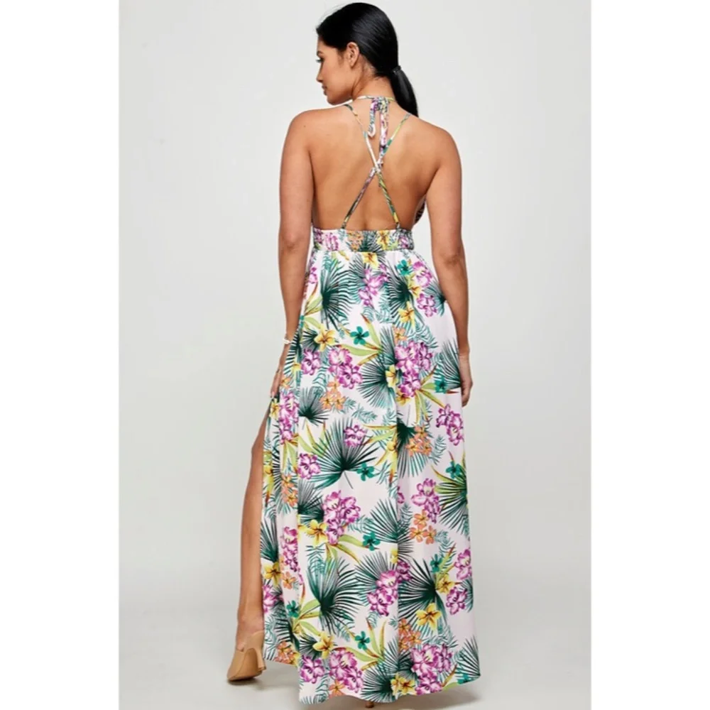 Purple Tropical Floral Palm Vacation Cruise Summer Sexy Slit Maxi Halter Dress - Picture 5 of 5